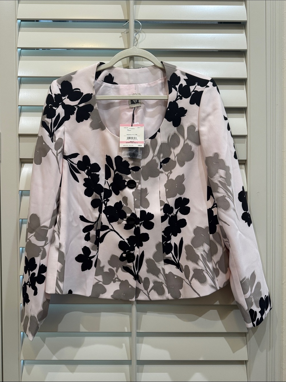 Anne Klein Pink Floral Collarless Blazer with Black & Gray Print